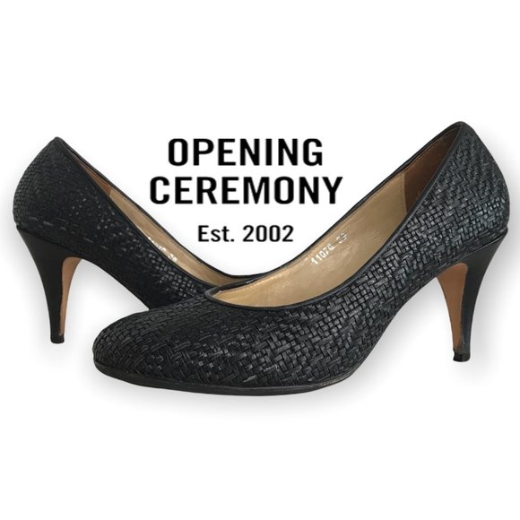 OPENING CEREMONY BLACK LEATHER WOVEN BASKET WEAVE Heels! Size 38! - Picture 1 of 7